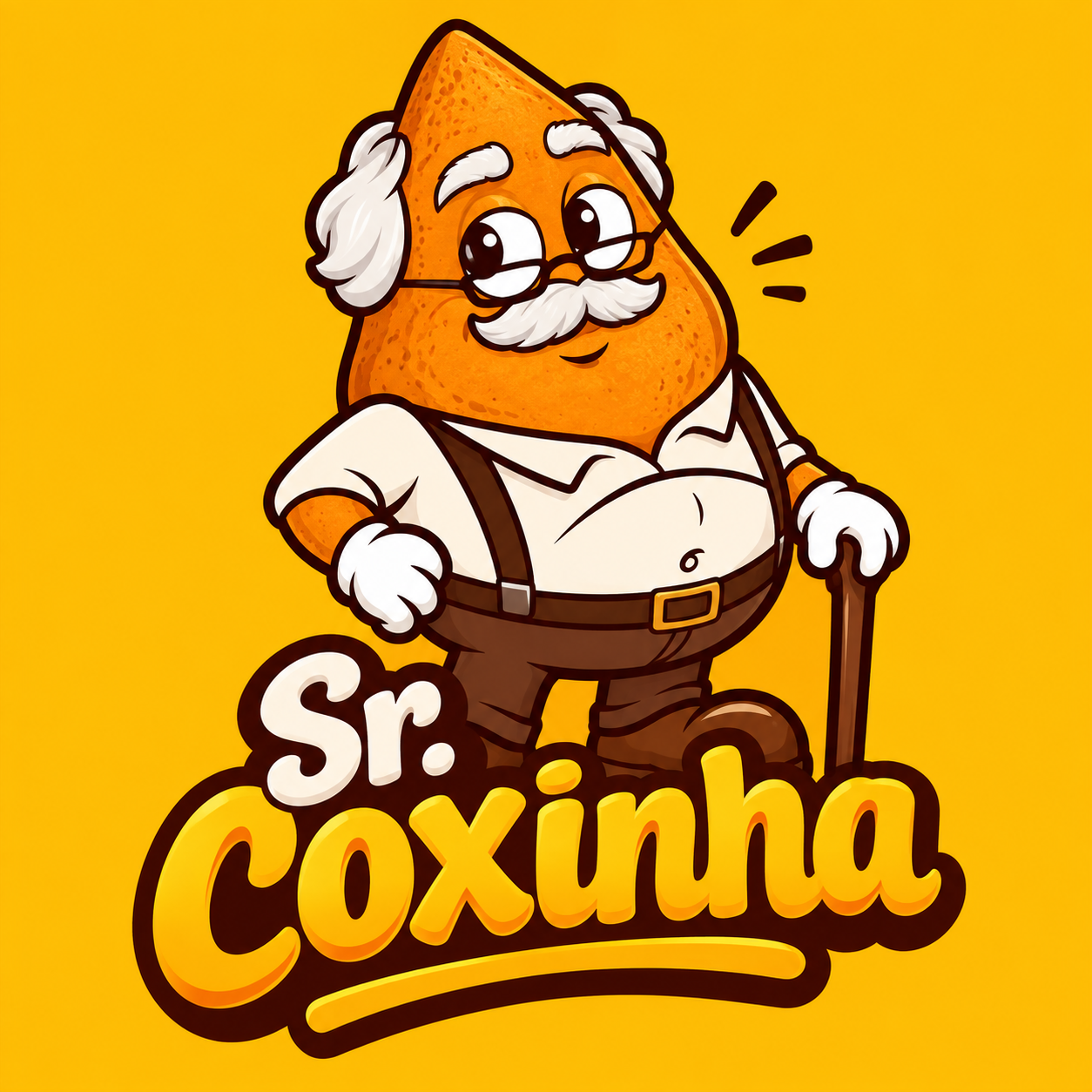 Mascote Sr. Coxinha, uma coxinha simpática com cabelo e bigode brancos